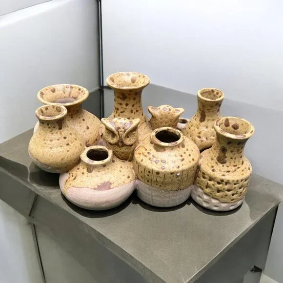 VTG Unique speckled glaze pottery cluster vase various sizes with owls - Picture 3 of 6